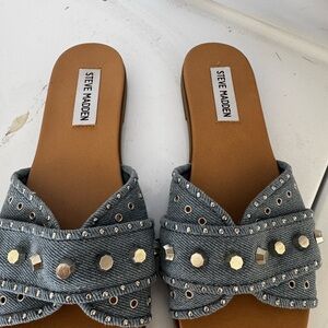 Steve Madden Blue Denim Studded Slide Mules